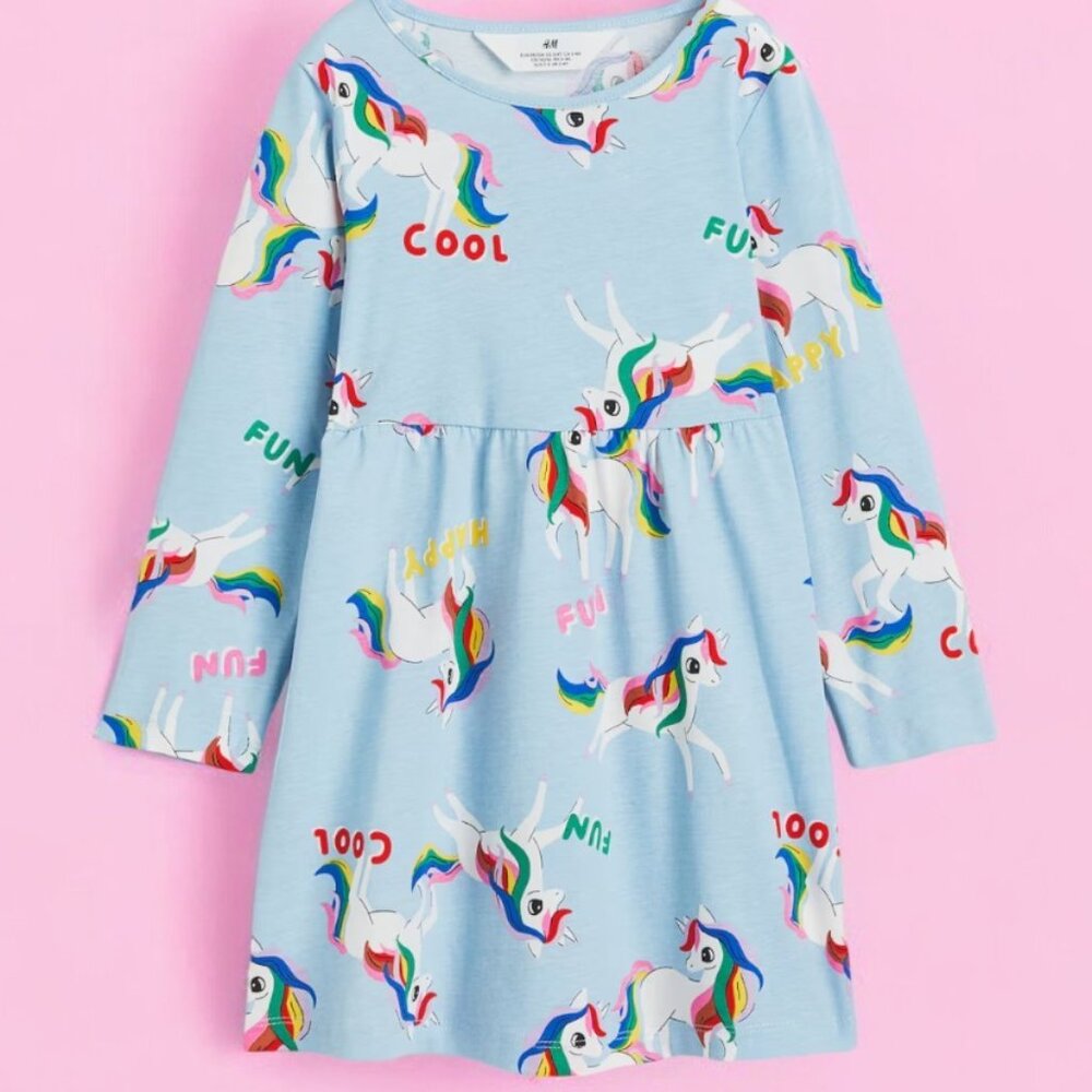 H&M Blue Unicorns Full Sleeve dress 100% Cotton Airy & sting free frock